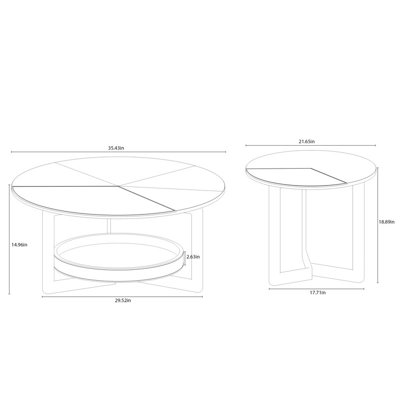 35.43''Modern Walnut Round Coffee Table Set – Nesting Tables with Hidden Storage,Full Assembly