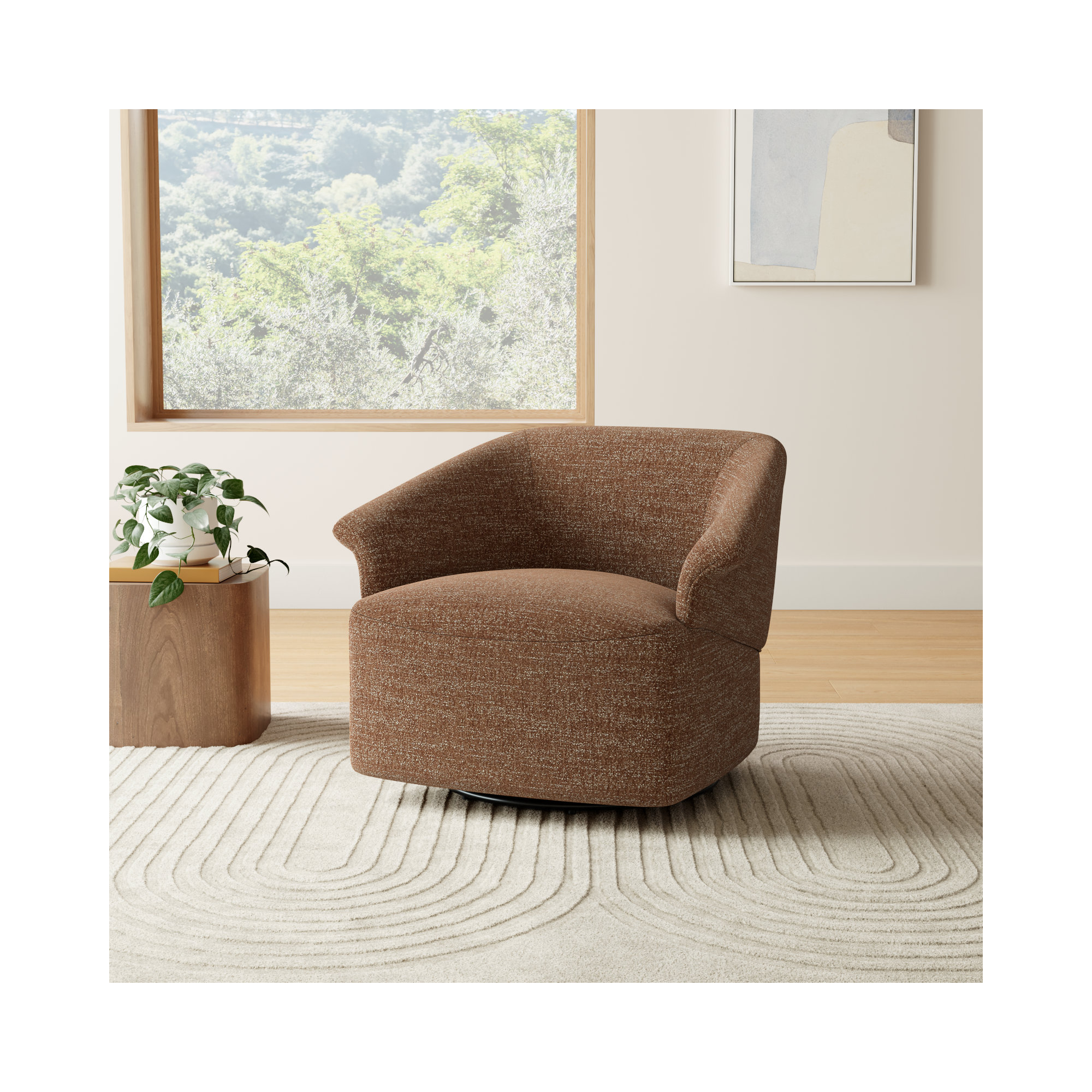 Morgana Upholstered Swivel Barrel Chair, Magonia Camel Tweed