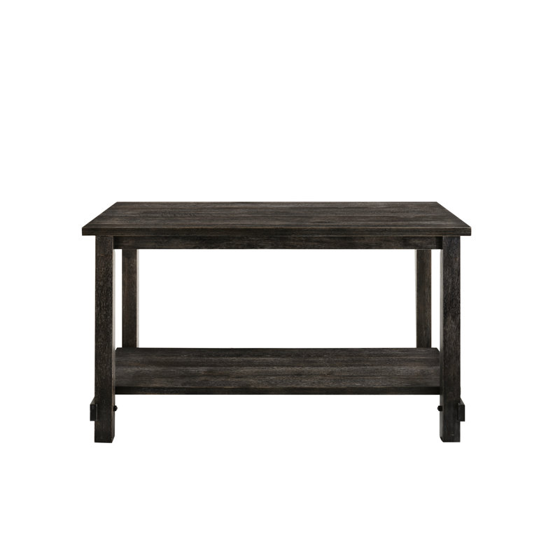 Table grise vieillie Ii - hauteur de comptoir, pieds droits carrés, plateau en bois fixe avec tablette de hauteur inférieure, option de rangement