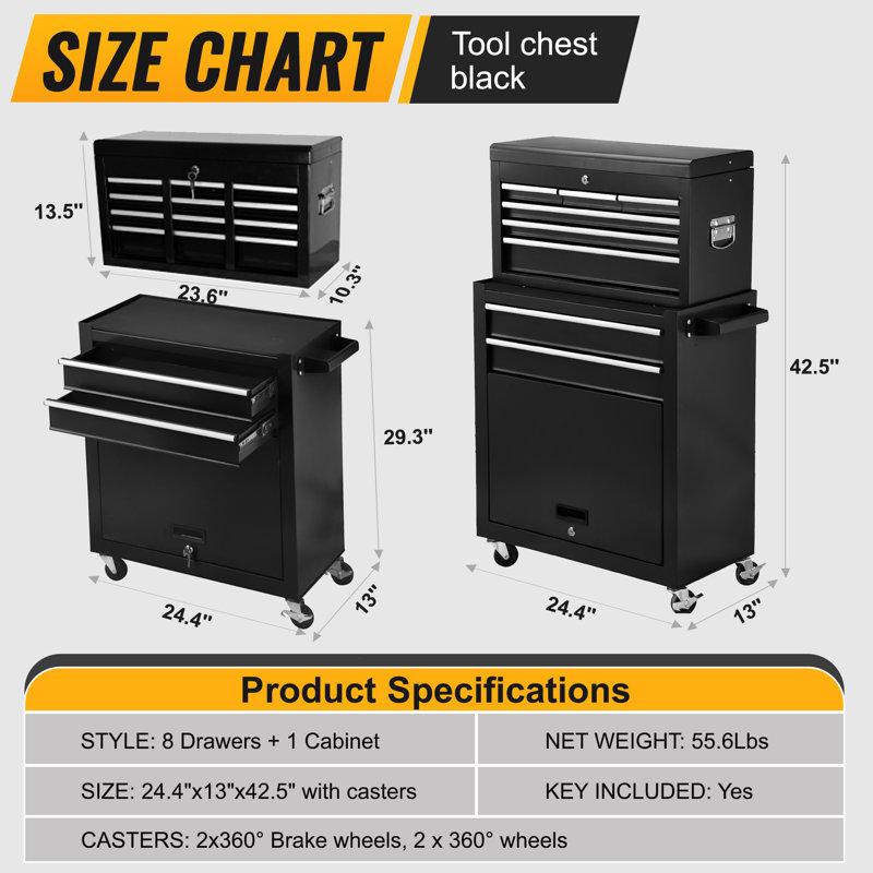 High capacity rolling tool chest with Wheels and Drawers, 8-Drawer Tool Storage Cabinet
