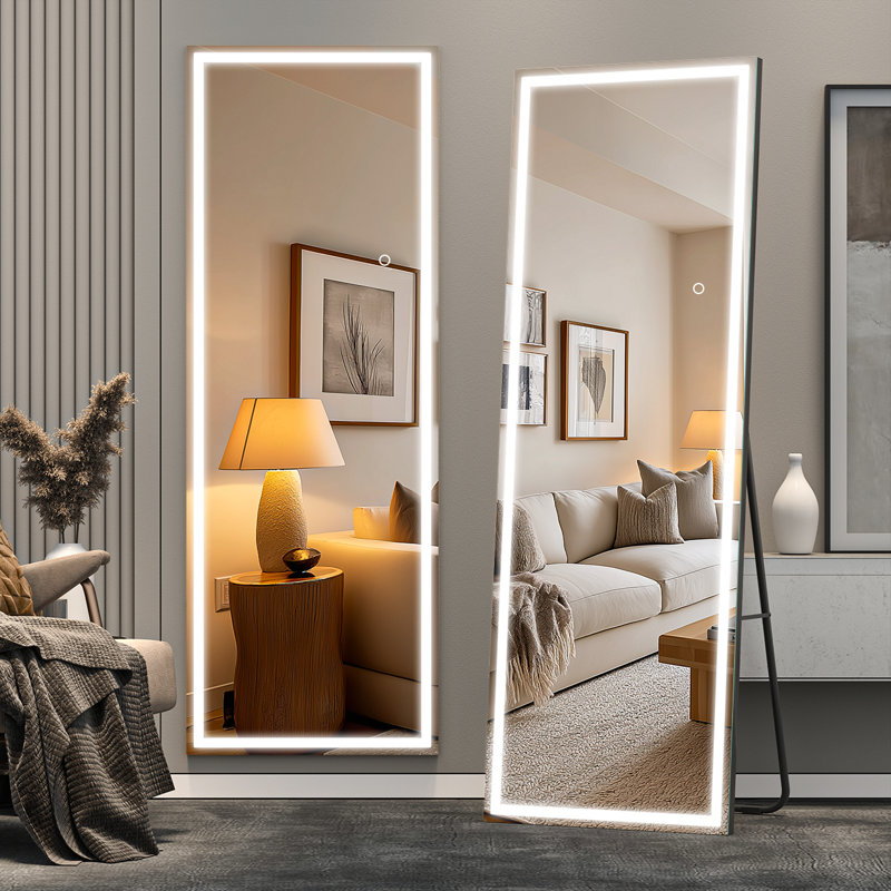 Modern & Contemporary Lighted Full Length Mirror with Temepered Glass & 3 Years Warranty, Matte Black, 78" x 32"