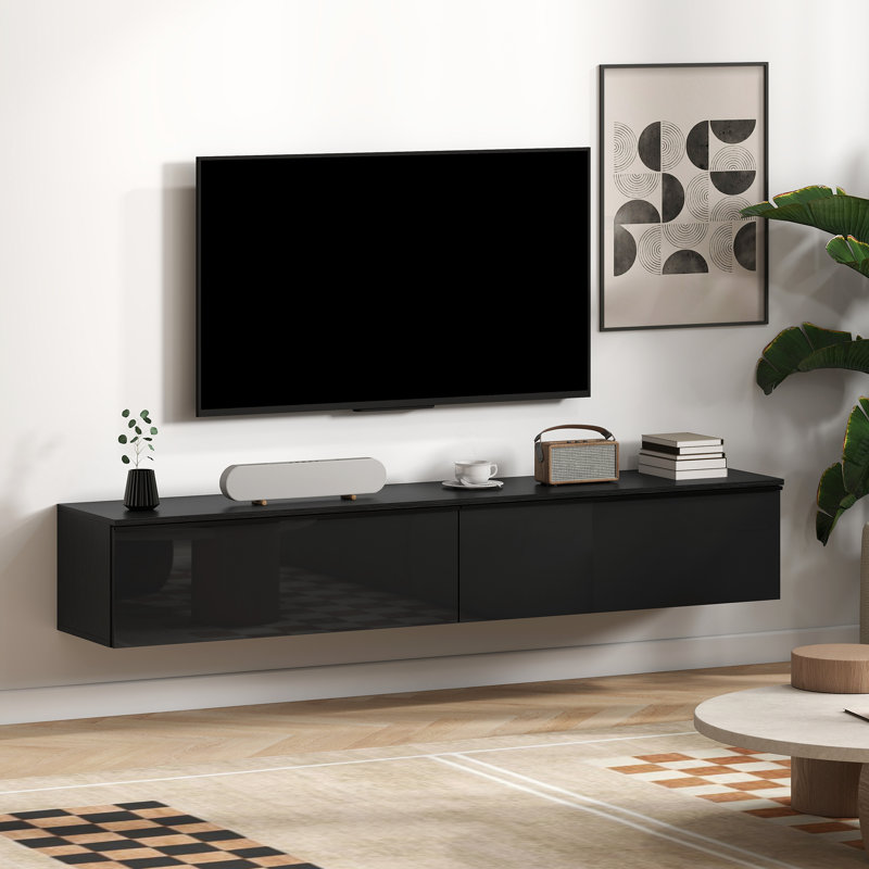 Meuble télé mural avec rangement, console multimédia flottante, noir