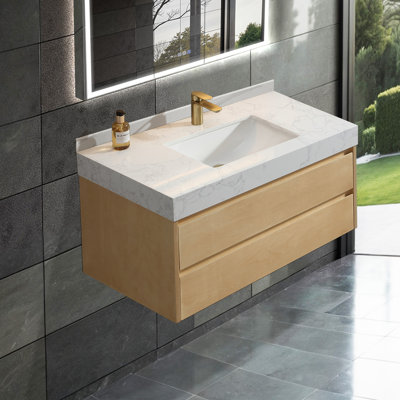 Solid wood 36'' Modern Wall Mounted Single Bathroom Vanity with Engineered Stone Top and Light