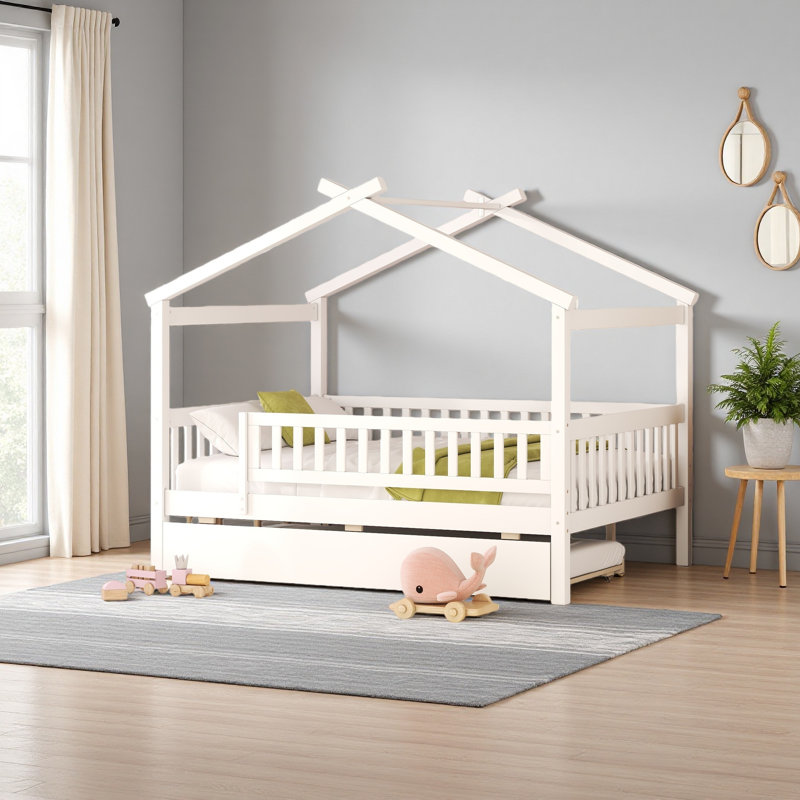 Lit en bois avec lit gigogne simple, Lit double, Blanc