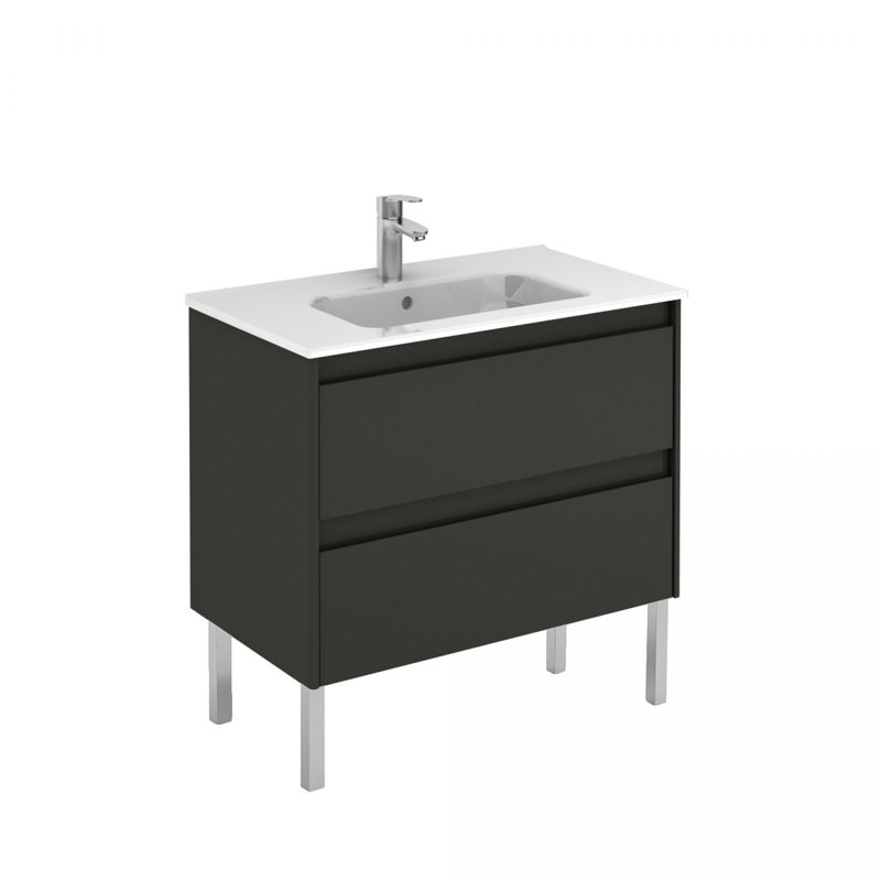 Ambra 32'' Glossy Anthracite Modern Bathroom Vanity with Integrated Ceramic Sink and Mirror