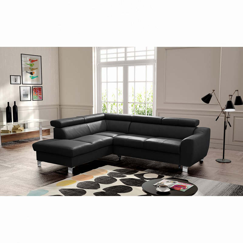 Italian Leather Sleeper Sectional with Pull Out Bed & Storage & Adjustable Headrests from Europe Pewamo, Cuir véritable noir
