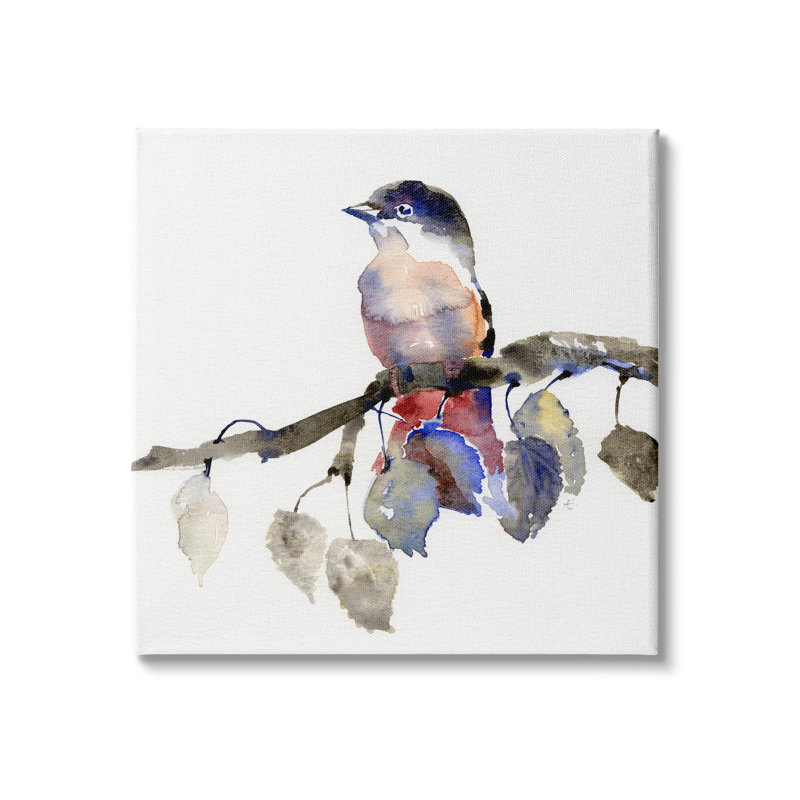 Chanson d'oiseau perché sur une branche de feuille d'automne bleue par Verbrugge Watercolor - impression sur toile non encadrée