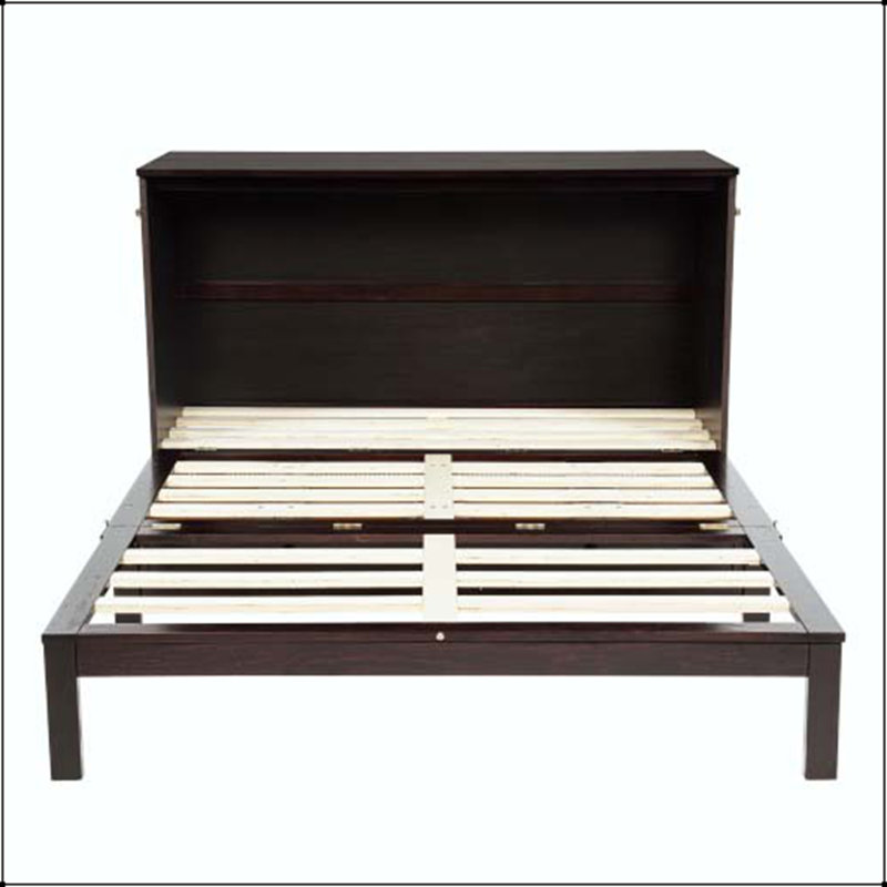 Grand lit escamotable - Armoire lit en bois de pin avec centrale électrique et panneau en rotin, Espresso