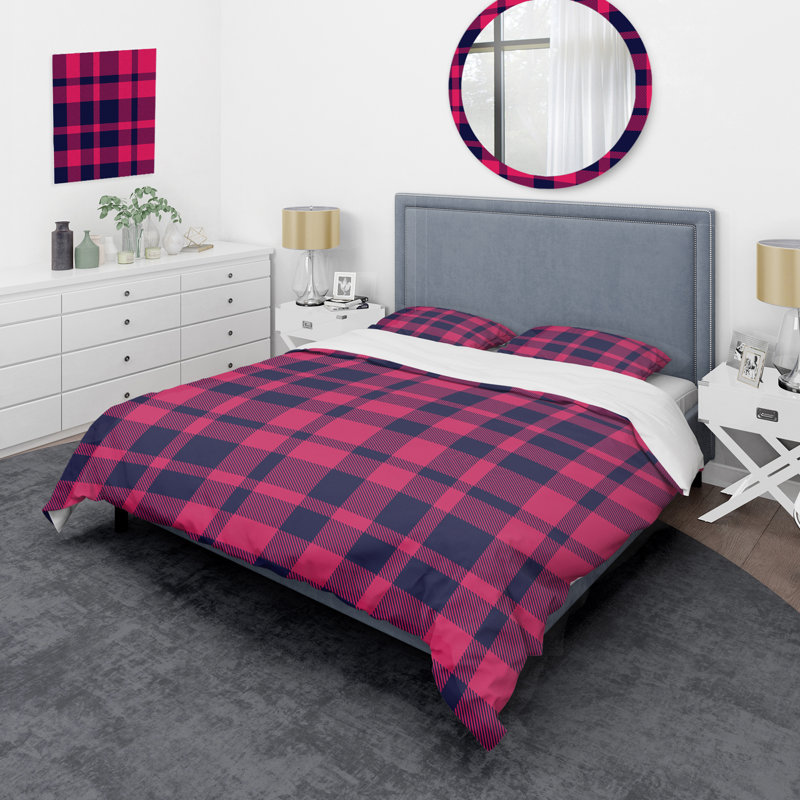Pink Checked Tartan - Abstract Duvet Cover Set - Microfiber Polyester, Full/Queen Duvet Cover + 2 Standard Shams