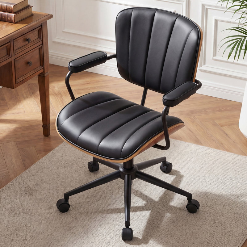 Upholstered Swivel  Office Chair, Black, Fixed Backrest