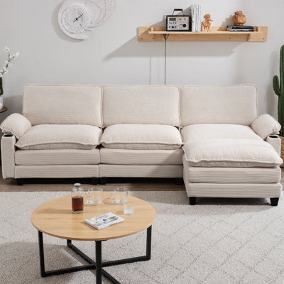 Canapé modulaire en forme de L de 113 po avec repose-pieds en velours côtelé de 113 po, canapé 3 + 1 places avec éponge à haute résilience 35D, porte-gobelets et sacs de rangement, coussin épais à double couche