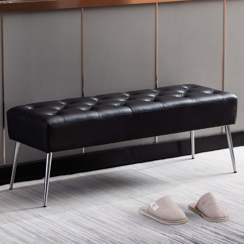 Faux Leather Upholstered Bench with Metal Legs, Black