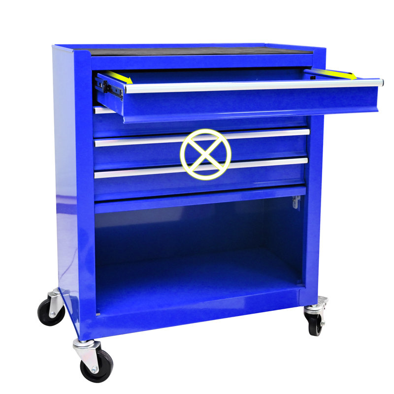 Chariot à outils multifonctionnel 4 tiroirs - bleu. Acier robuste et thermolaqué. Simple - accès facile au tiroir. 4 po 2 verrouillables, 2 rotatives. Espace de rangement supplémentaire. 23,75 * 13 * 28,8 Bleu 4 roulé à froid