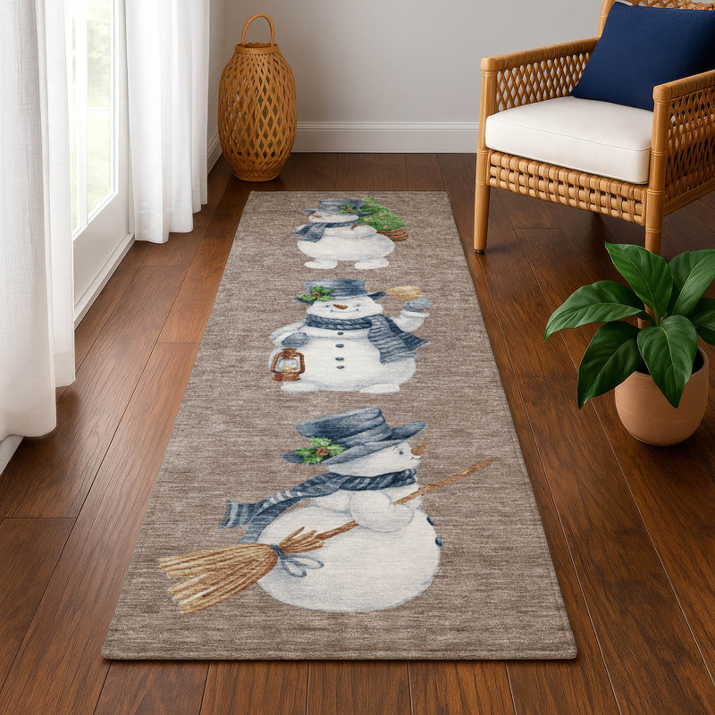 Premium Machine Washable Ingrassellino AMF1826 Happy Snowmen Holiday Rug, Runner 2'3" x 7'6"
