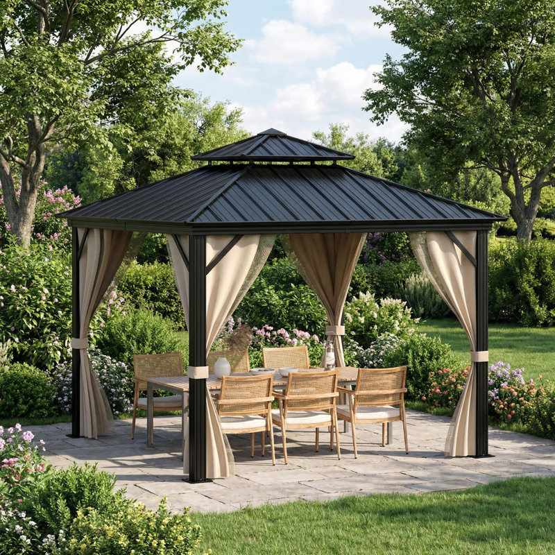 Gazebo Hardtop, with Nettings and Curtains, Khaki, 76.8 H" x 135.6" W x 135.6" D