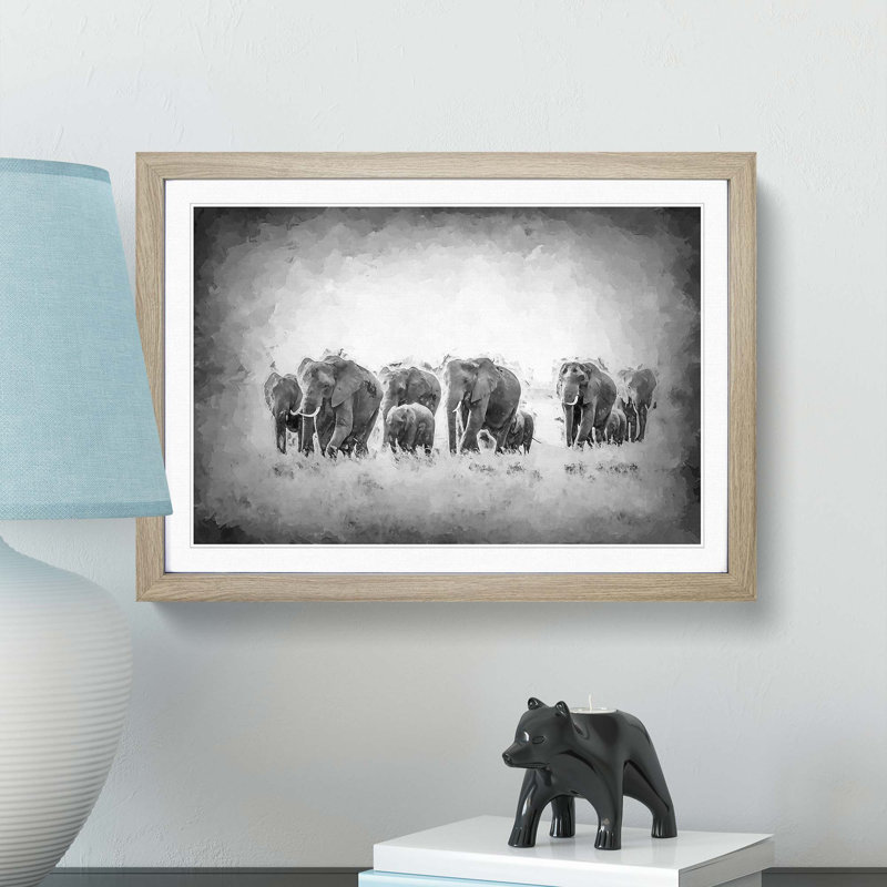 Herd of Elephants Roaming in Abstract - Picture Frame Painting Print on MDF, 62cm H x 87cm W x 2cm D, Oak Framed