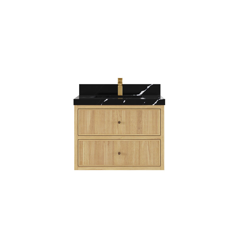 Sonoma Floating Teak 30'' Single Bathroom Vanity with Top,  Calacatta Black