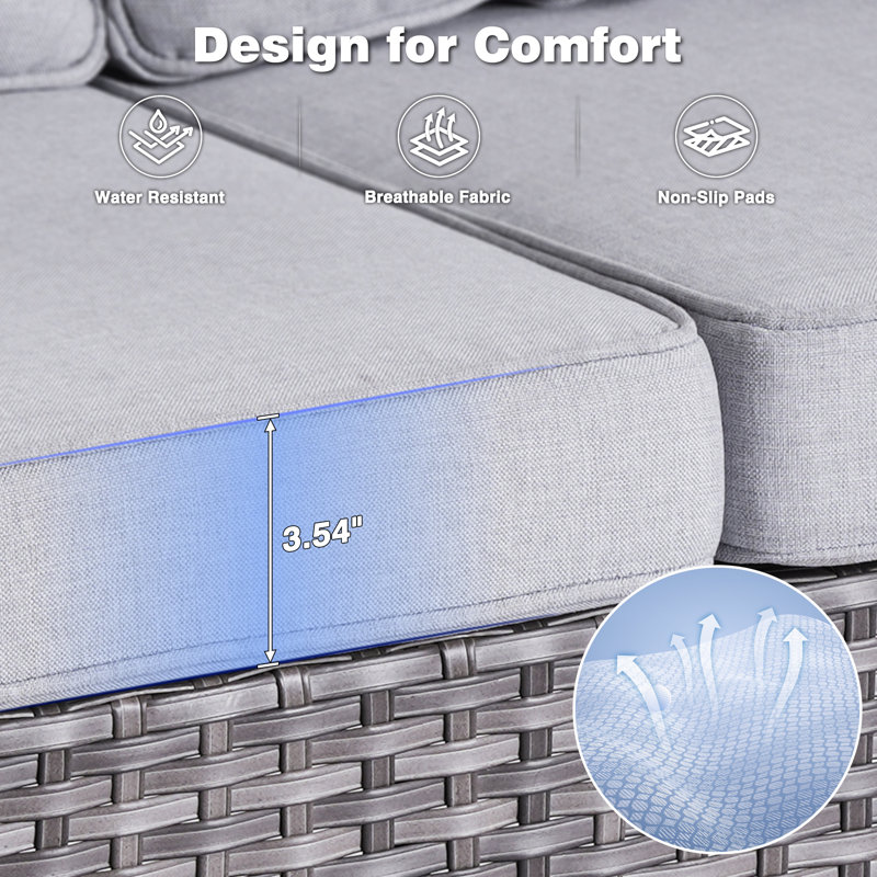 Ensemble de conversation en osier / rotin pour 7 personnes avec coussins, Coussin gris / cadre gris