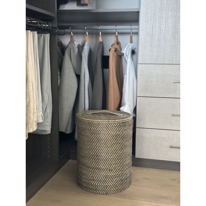 Round Rattan Hamper with Liner, Small, Apartment Size, Black-Wash
