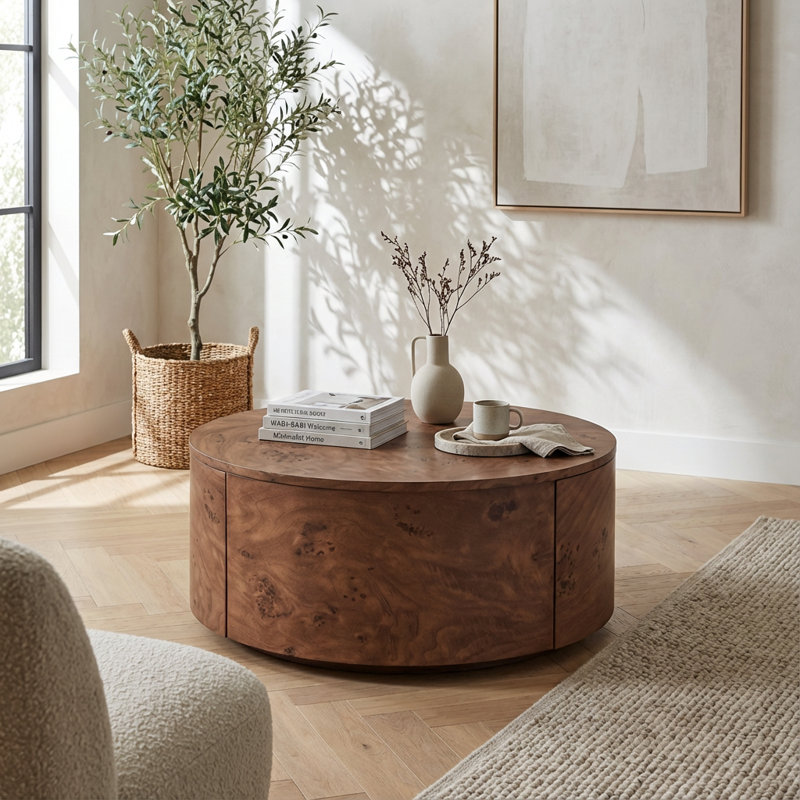 Modern Rotating Round Coffee Table with Two Hidden Drawers- Stable Bentwood and MDF Construction,360-Degree Swivel Top