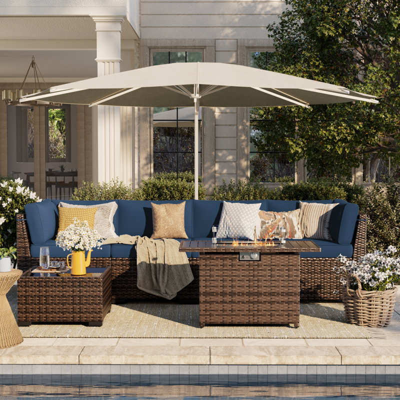 Bhairavi Wicker - Person Modular Patio Conversation Set with Cushions, Navy, 4