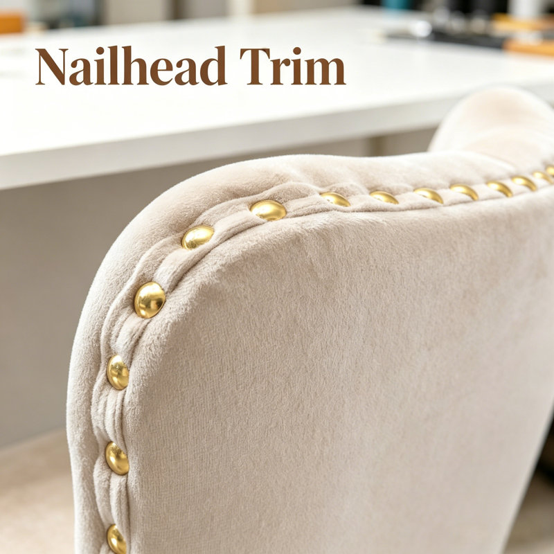 Desk Chair Swivel Office Chair With Wheels And Nailhead Trim, Beige