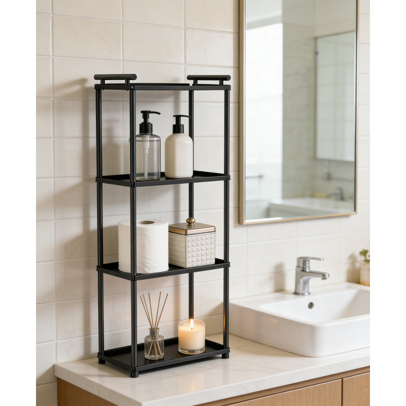 Organisateur de comptoir à 4 niveaux avec poignée, tablette de meuble-lavabo multifonctionnel pour le maquillage, les soins de la peau, les parfums et les épices de cuisine, plateau de rangement en métal noir mat durable