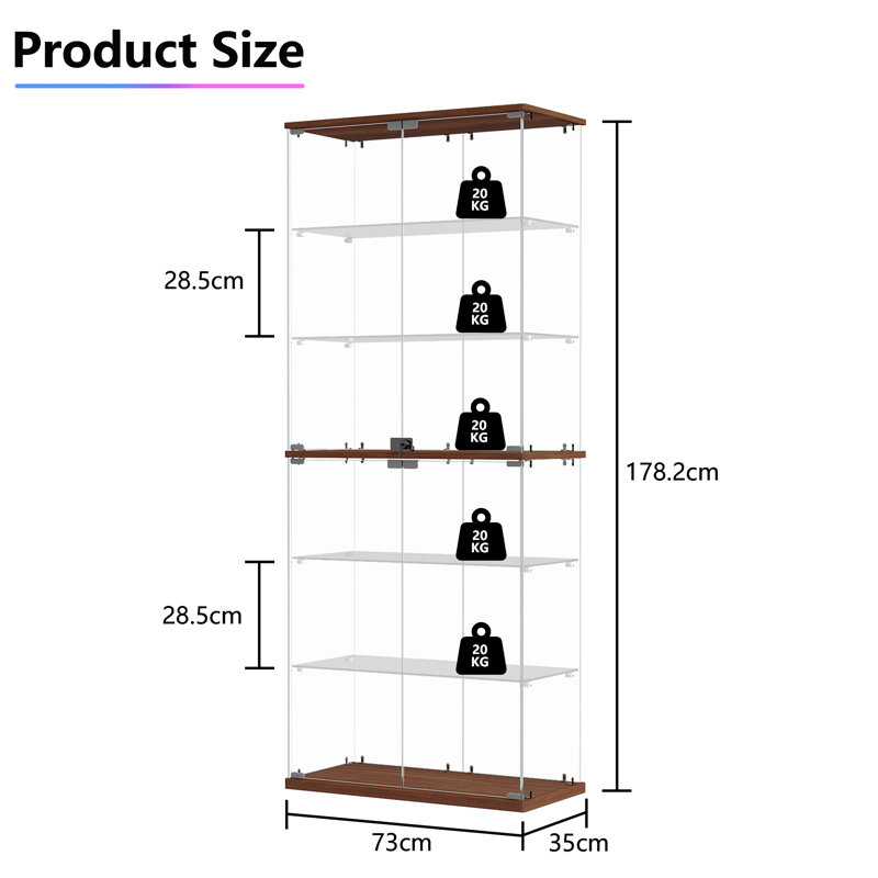 6-Tier Glass Display Cabinet with RGB Lights & Lock, Solid Wood Top, Middle Shelf & Bottom Panel, Brown