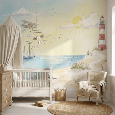 Coastal Wallpaper Lighthouse Sunny Wall Mural