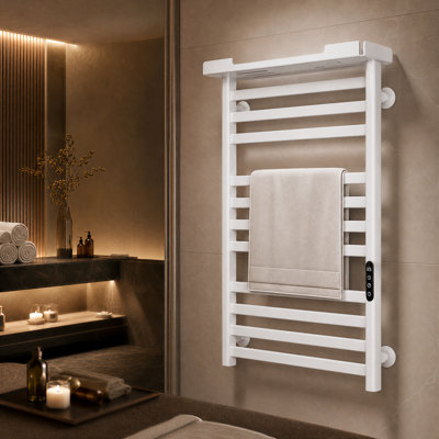 White Wall Mount Smart Heated Towel Rack with Storage Shelf, 11-Bar Wi-Fi Towel Warmer with Timer & Temp Control, Carbon Steel Supports Plug-in Hardwired