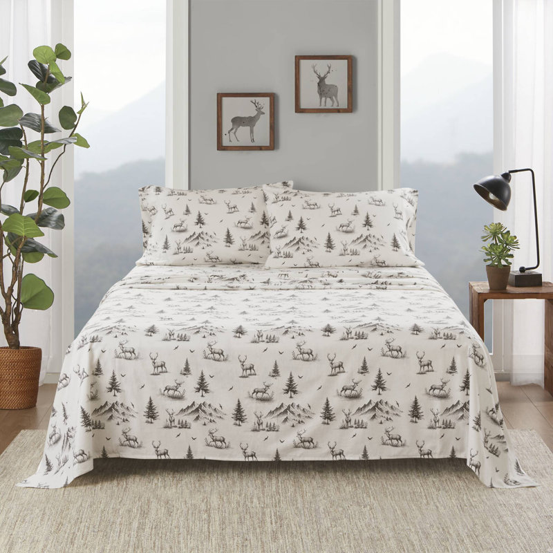 Ensemble de draps en flanelle 100% coton Woolrich, Ensemble de draps pour lit double avec 2 taies d'o, Forêt grise