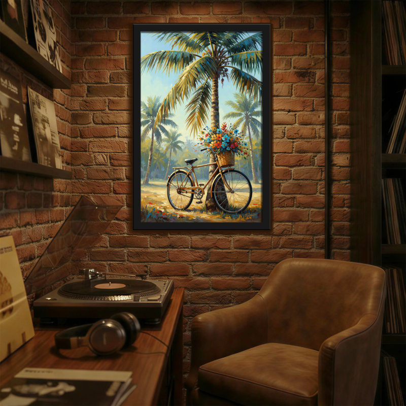 Plantes et fleurs, palmier tropical, bicyclette avec fleurs, H 36 po x l 24 po