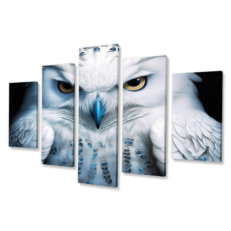 Portrait d'un hibou blanc et turquoise sur toile - animaux chouette sur toile - 5 panneaux