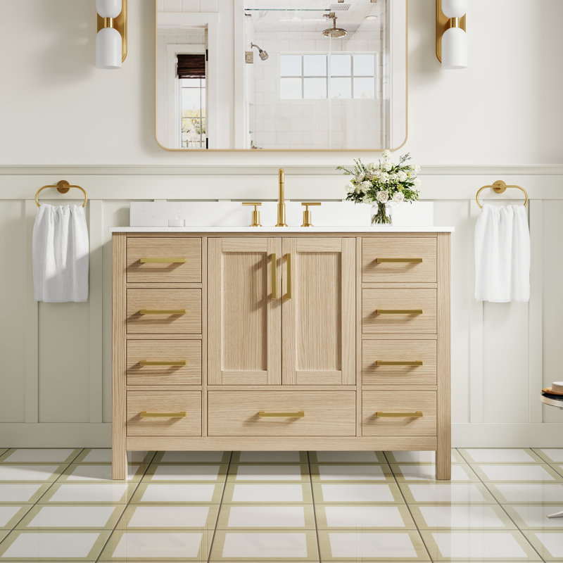 Meuble-lavabo autoportant en bois massif l 48 po x H 35 po avec comptoir en marbre de culture blanc de Carrare et lavabo simple en céramique, chêne