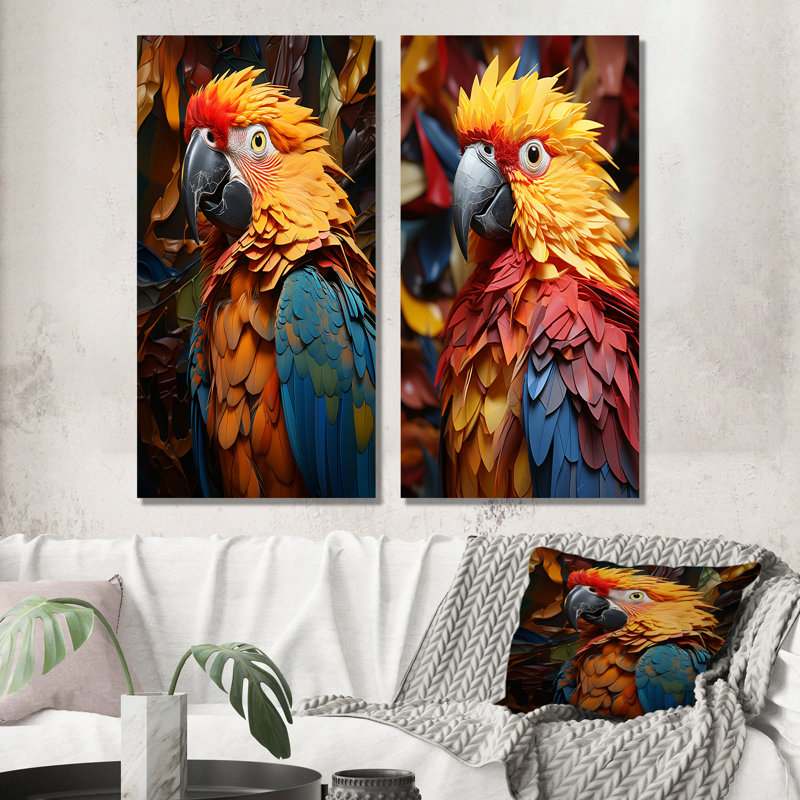 «Yellow Parrots Golden Conversations», ensemble de 2 reproductions d'art sur toile, H 28 po x l 25 po, Toile tendue