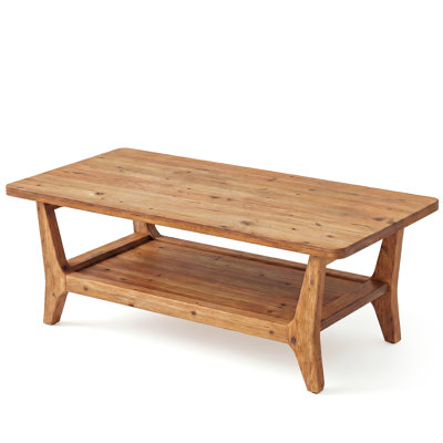 Solid Wood Farmhouse Rectangle 47-Inch Mid-Century Center Coffee Table with Open Storage Shelf, 2-Tier Modern Simple Low Cocktail Tea Table