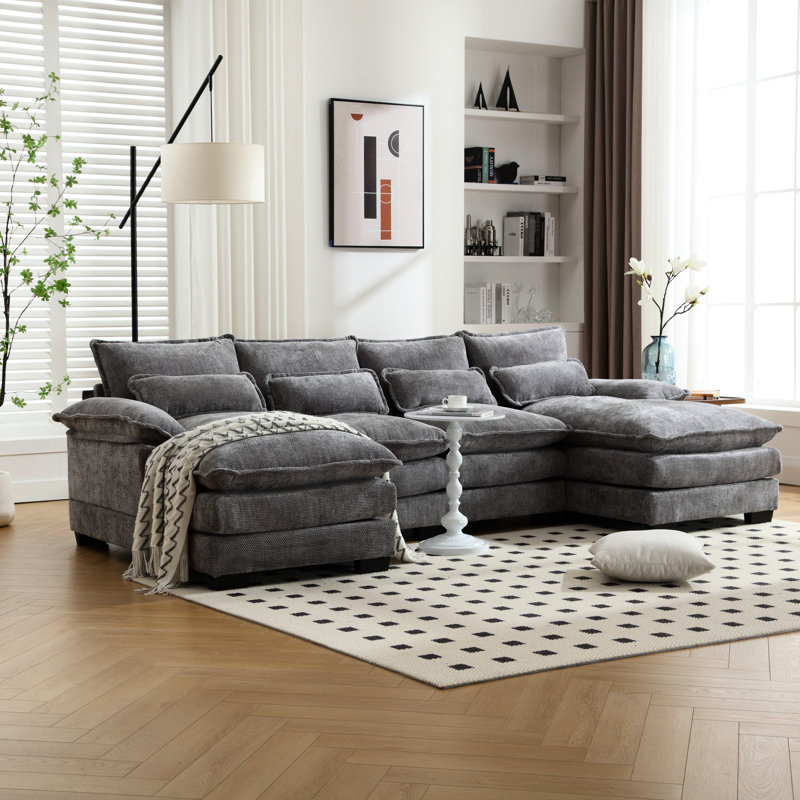 、、、 Siège confortable en U en chenille à quatre places avec bois massif et éponge haute densité, Light Grey