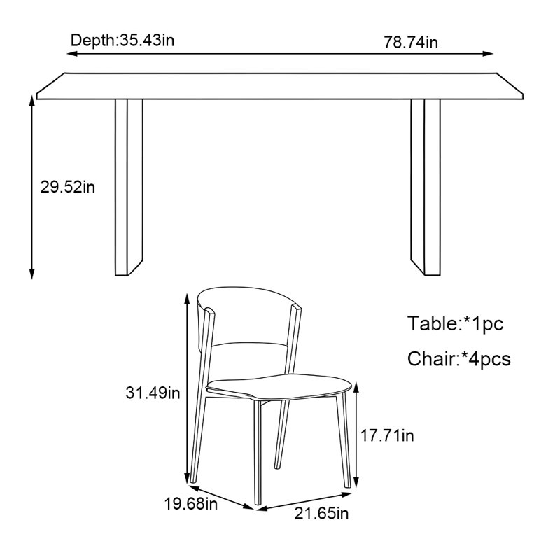 Ensemble de table de maison en acier inoxydable, H 29,52 po x L 78,74 po x l 35,43 po, 5