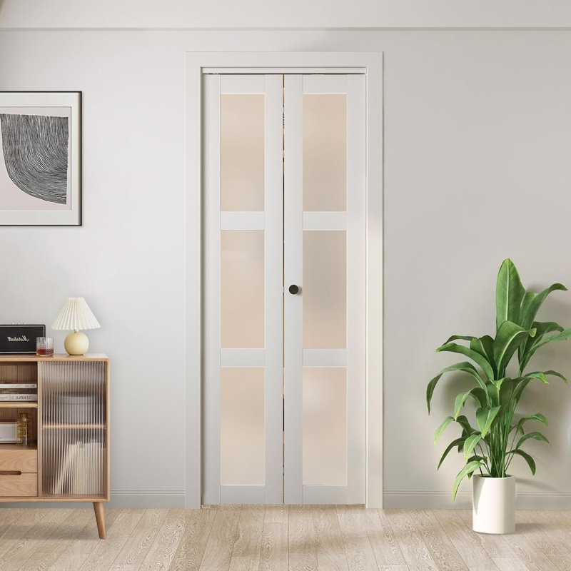 Porte de grange pliante en verre givré pliable 3-Lite avec trousse de quincaillerie d'installation, 30 po x 80 po, Blanc
