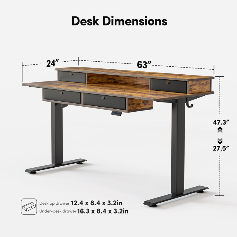 Basil Height Adjustable Standing Desk With Drawers, Brown/Black, 47.3" H x 63" W x 24" D
