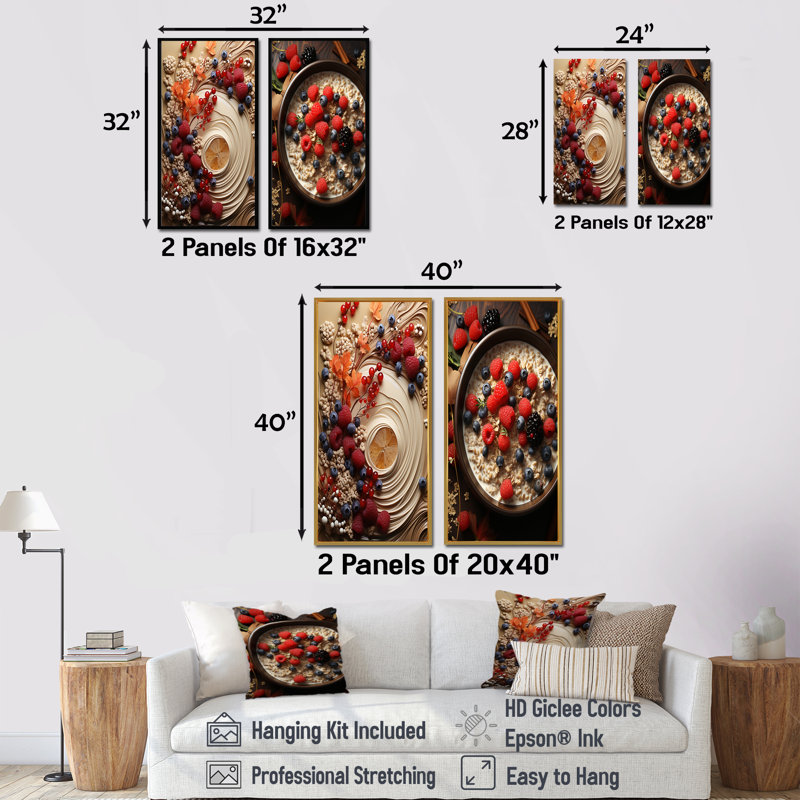 «Oatmeal Odyssey - Petit déjeuner», ensemble d'art mural sur toile, Cadre flottant blanc, H 40 po x l 41 po