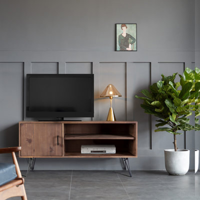 Meuble télé simple en bois récupéré de conception simple pour le salon, l'attraction rétro moderne, une armoire latérale avec deux tablettes ouvertes, bois massif, lueur naturelle, 46,7 po de profondeur, 18,43 po de largeur, 24,47 po