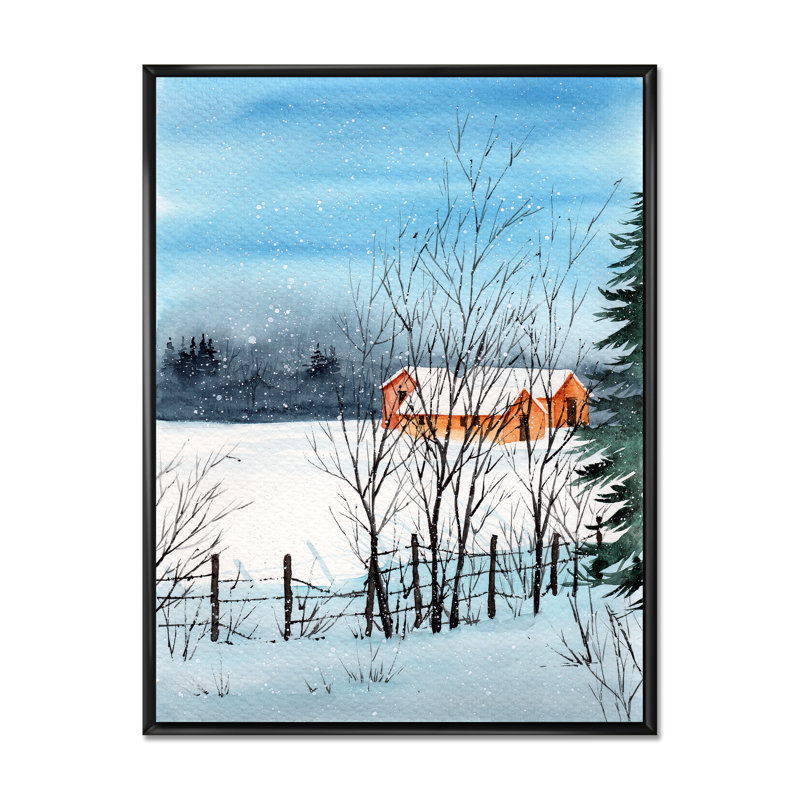 Un paysage d'hiver avec des maisons enneigées - reproduction sur toile, H 32 po x l 24 po x P 1 po, Cadre flottant noir