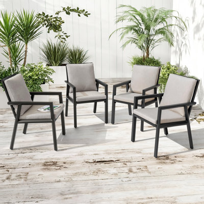 Outdoor Chairs of 4, Dining Chairs with Powder-Coated Aluminum Frame for All Weather, Hollow Slatted Seat with 2.8” Cushions for Garden, Black and Gra