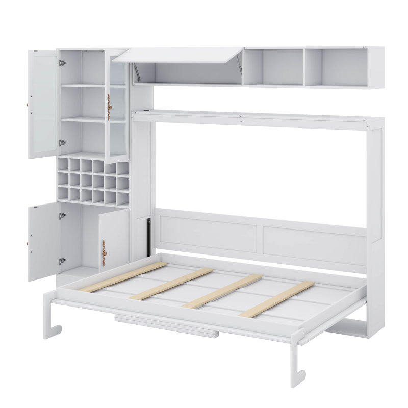 Lit escamotable fixé au mur avec canapé intégré, bibliothèques, charge USB et éclairage, Lit double, Blanc