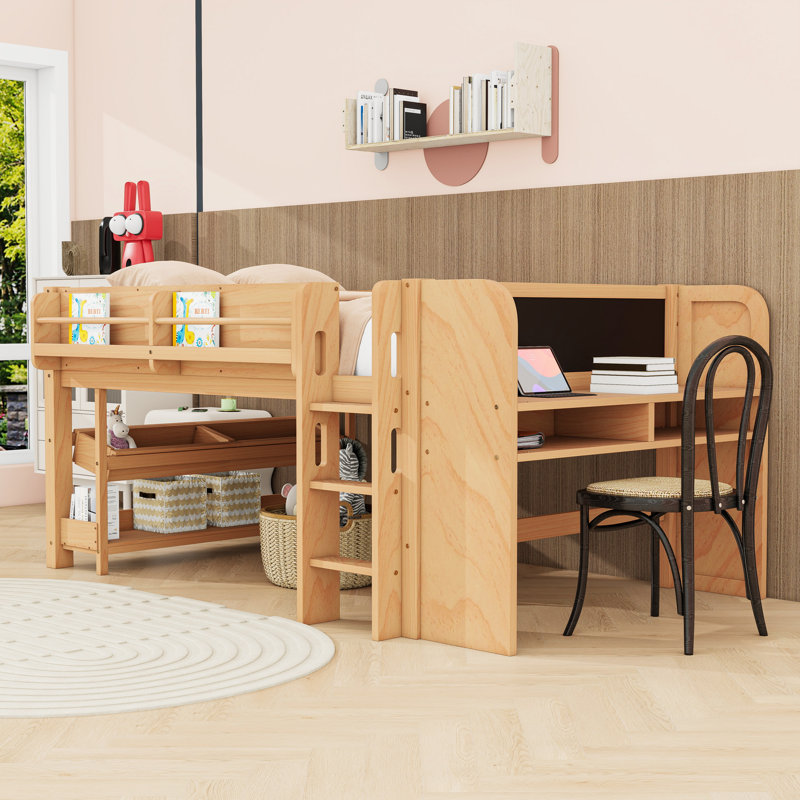 Lit mezzanine en bois avec tablettes, bureau et échelle, Lit double