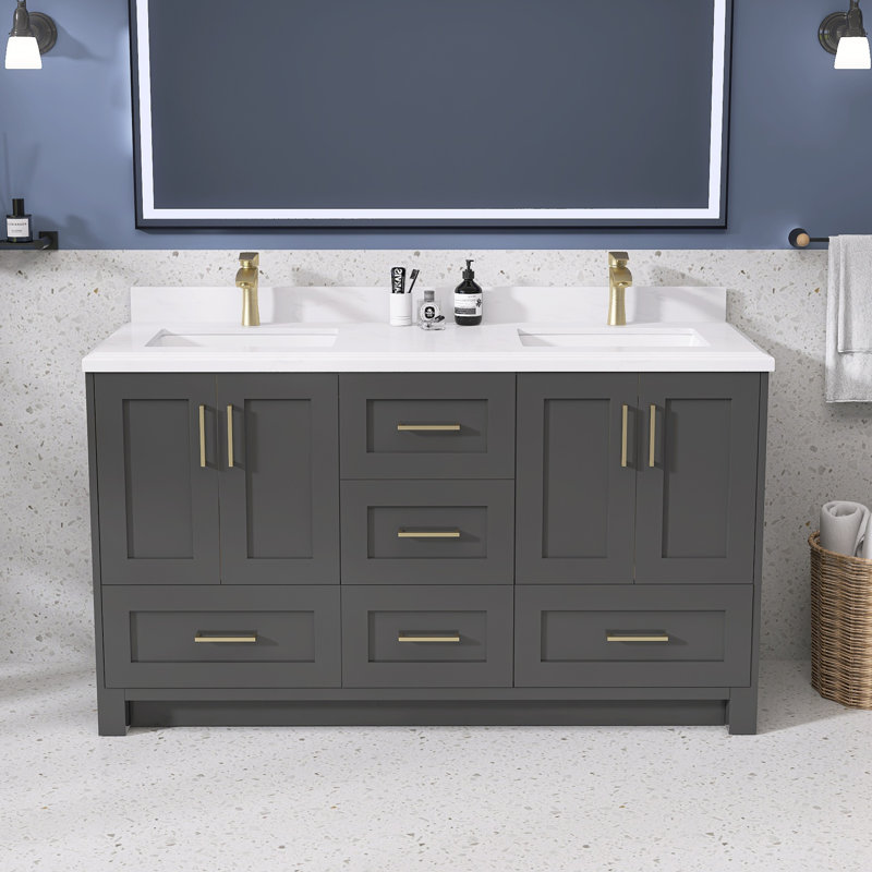 Base de meuble-lavabo double 60 po en bois massif, Gris