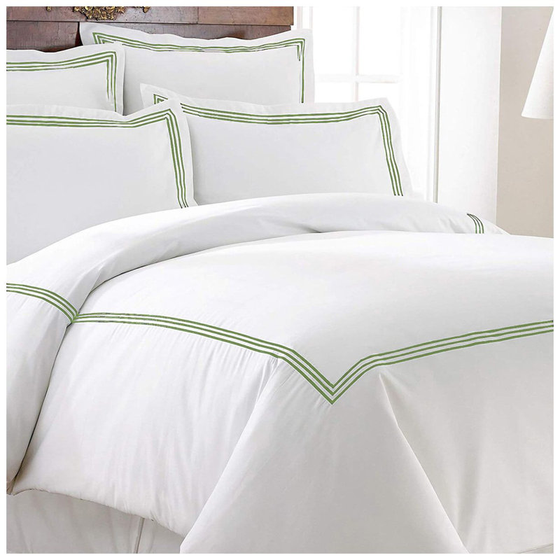 400TC Cotton Triple Embroidery Sateen Solid Duvet Cover Set, White/Sage, California King/King Duvet Cover