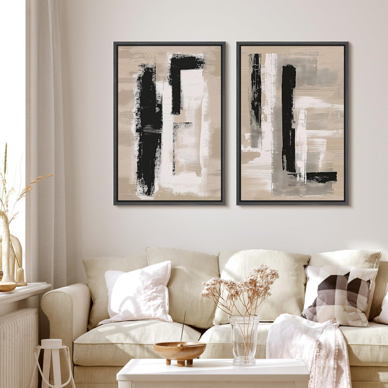 «Monochromatique Textures Contemporary Abstract», 2 pièces sur toile, Cadre noir, H 24 po x l 16 po