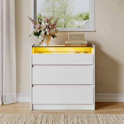 23.6'' W 3-Drawer Dresser, Modern White Chest of Drawers with Led Lights and Glass Top